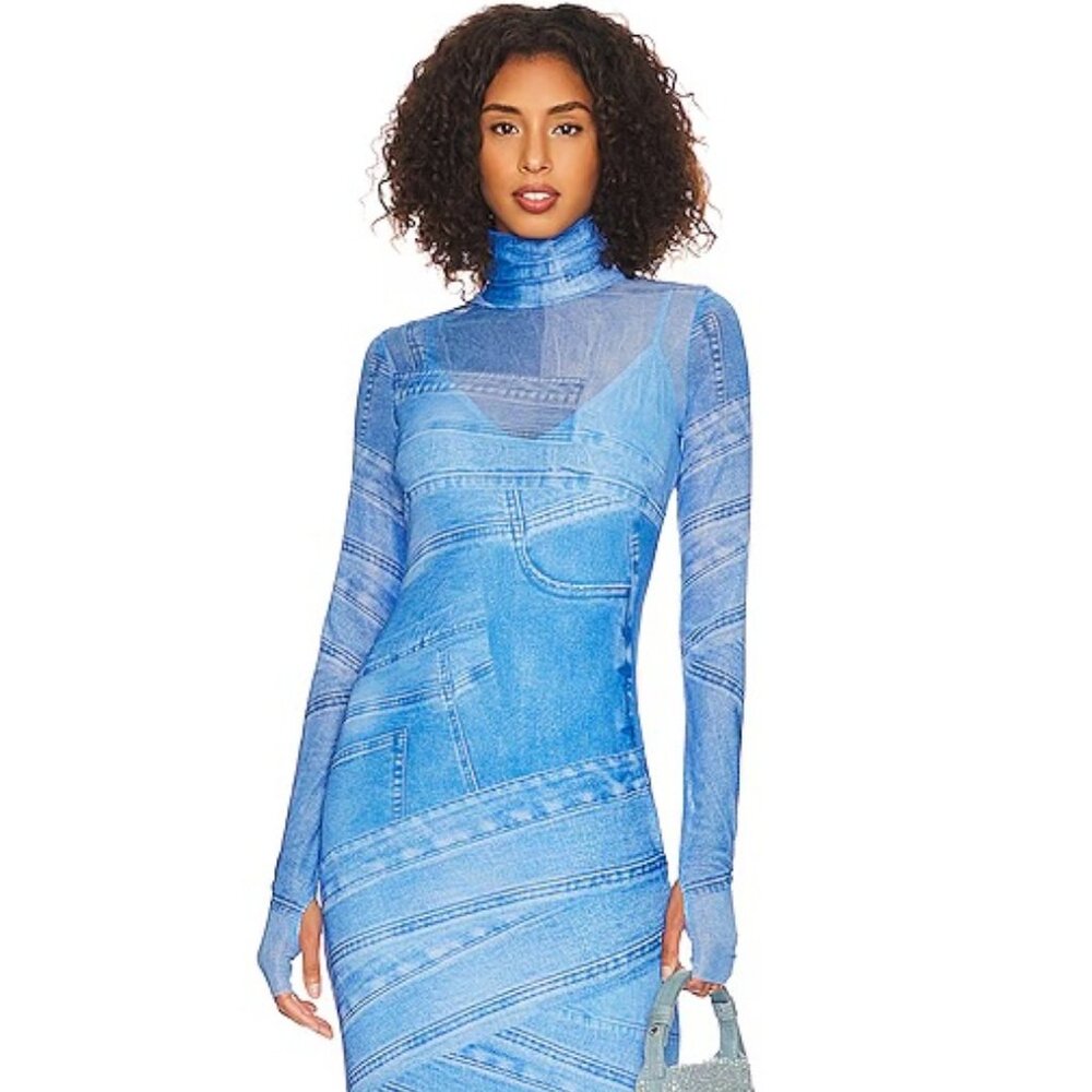 AFRM Blue Denim-Print Maxi Dress